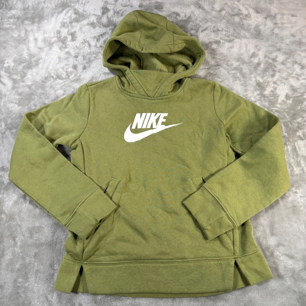 Nike Kids Sportswear Fleece Hoodie Olive Green Futura Logo‎ Pullover Size S